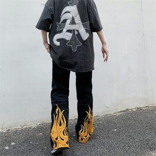 Mid-rise Fire Print Loose-fit Boot-cut Jeans