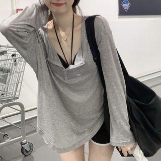 Long-sleeve Henley Top / Strappy Crop Top