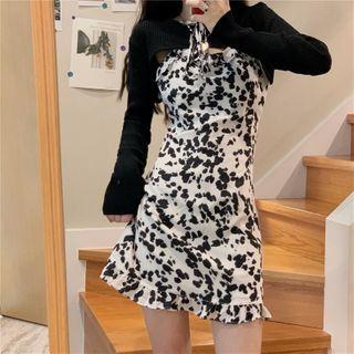 Cropped Jacket / Spaghetti Strap Floral Print Mini A-line Dress