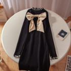 Long-sleeve Bow Accent Shift Dress Black - One Size