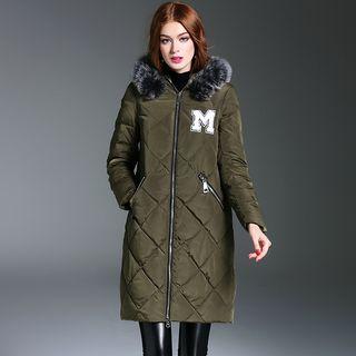 Furry-trim Hooded Applique Zip Down Coat