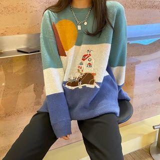 Long-sleeve Embroidered Striped Knit Sweater