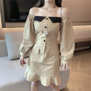 Off-shoulder Button Ruffle Hem A-line Dress