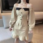 Off-shoulder Button Ruffle Hem A-line Dress
