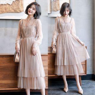 Tie Neck Long-sleeve Midi Mesh Dress