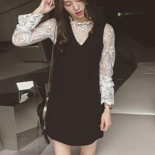 Set: Long-sleeve Lace Top + V-neck Sleeveless Dress