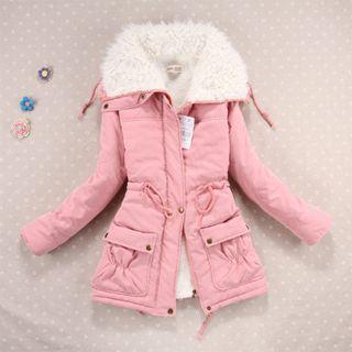 Faux-fur-trim Drawstring-waist Coat Pink - Xxxl