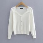 Long-sleeve V-neck Plain Knit Cardigan White - One Size