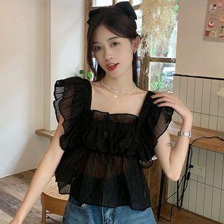 Sleeveless Square Neck Ruffle Trim Flowy Blouse