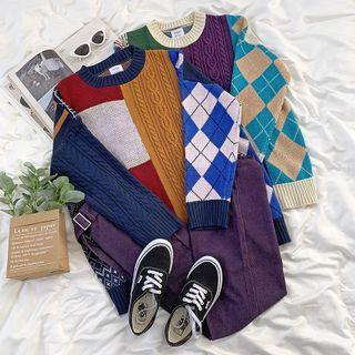 Long-sleeve Plaid Panel Knit Sweater