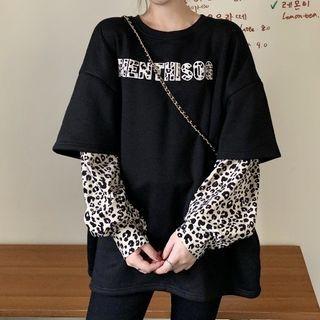 Mock Two-piece Leopard Print Panel Sweatshirt Leopard Print - Black - One Size