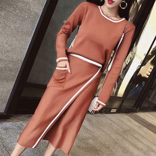 Set: Piped Long-sleeve Knit Sweater + Midi Skirt