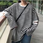 Long-sleeve Cutout Striped Loose-fit Top