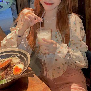 Long-sleeve Square-neck Floral Lace-up Shirt Almond - One Size