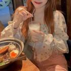 Long-sleeve Square-neck Floral Lace-up Shirt Almond - One Size
