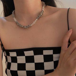 Faux Cat Eye Stone Stainless Steel Choker Silver & White - One Size