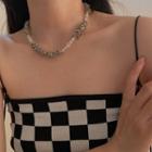 Faux Cat Eye Stone Stainless Steel Choker Silver & White - One Size