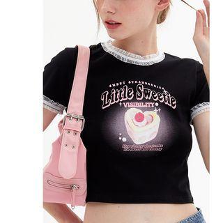 Short-sleeve Print Lace Trim Cropped T-shirt