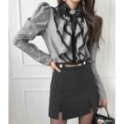 Laced Jabot Blouse With Brooch Black - One Size