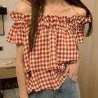 Short-sleeve Gingham Off-shoulder Blouse