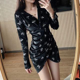 Long-sleeve V-neck Butterfly Print Mini Sheath Dress