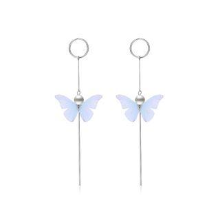 925 Sterling Silver Elegant Sweet And Romantic Blue Lace Butterfly Long Tassel Earrings Silver - One Size
