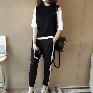 Set: Elbow-sleeve Two-tone Top + Harem Sweatpants