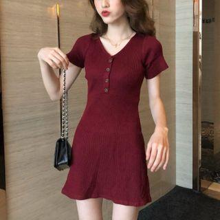 Short-sleeve Half Button Mini Sheath Knit Dress