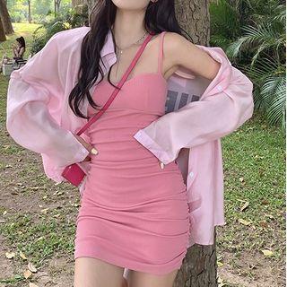 Spaghetti-strap Plain Mini Sheath Dress / Shirt