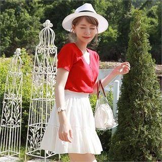 Set: Short-sleeve Cardigan + Tiered A-line Miniskirt