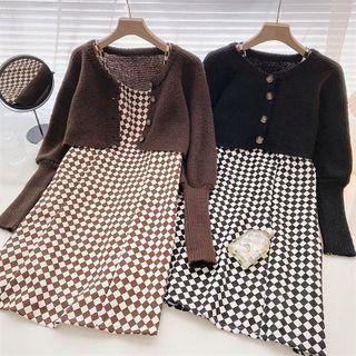 Set: Long-sleeve Plain Cardigan + Plaid Sleeveless Dress