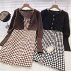 Set: Long-sleeve Plain Cardigan + Plaid Sleeveless Dress