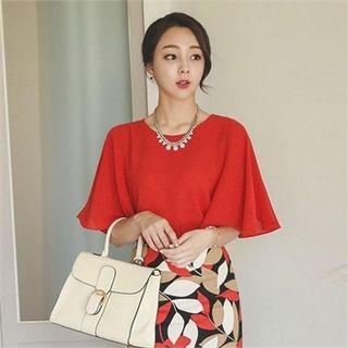 Fluttered Elbow-sleeve Chiffon Top