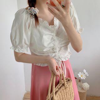 Plain Ruffle Trim Short-sleeve Drawstring Cropped Blouse
