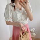 Plain Ruffle Trim Short-sleeve Drawstring Cropped Blouse
