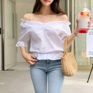 Off-shoulder Shirred-trim Peplum Top