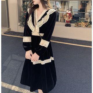 V-neck Lace-trim Velvet Midi Dress