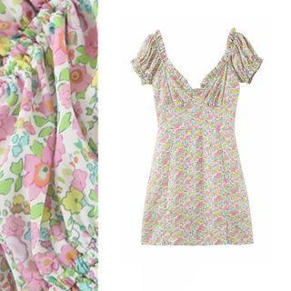 V-neck Frill-trim Short-sleeve Mini Dress