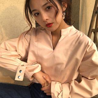 Plain Split Neck Long Sleeve Blouse