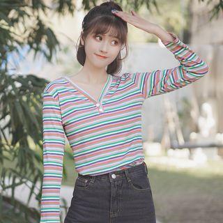 V-neck Long-sleeve Striped Ribbed T-shirt
