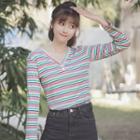 V-neck Long-sleeve Striped Ribbed T-shirt