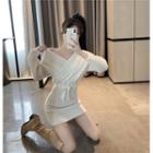Long-sleeve Knit Mini Sheath Dress Dress - White - One Size
