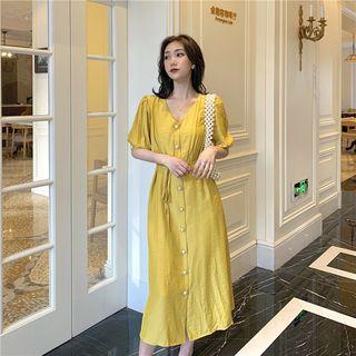 V-neck Short-sleeve Single-breasted Midi Dress