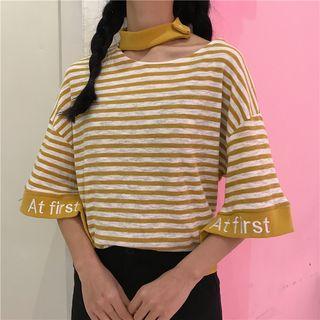 Lettering Embroidered Striped Elbow-sleeve T-shirt