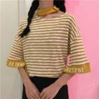 Lettering Embroidered Striped Elbow-sleeve T-shirt