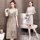 Set: Flutter Sleeve Plain T-shirt Dress + Spaghetti-strap Lace A-line Dress