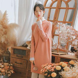 Mock Two-piece Long-sleeve Pleated-trim Knit Dress