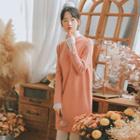 Mock Two-piece Long-sleeve Pleated-trim Knit Dress