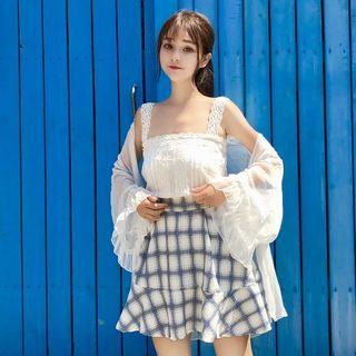Lace Trim Tank Top / Plaid Skirt / Plain Light Jacket