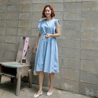 Layered Flutter-sleeve Midi Denim Dress